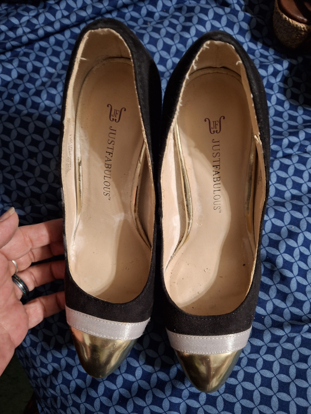 JustFab Black Gold Cap Toe Platform Stiletto Pumps High Heels